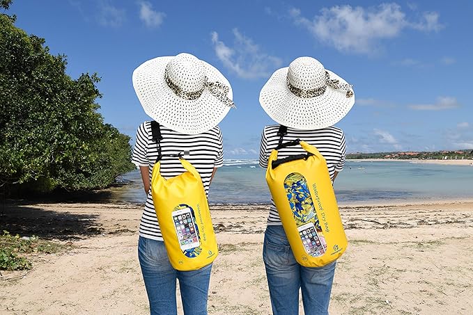 Freegrace Waterproof Dry Bags Set of 3 Dry Bag with 2 Zip Lock Seals & Detachable Shoulder Strap, Waist Pouch & Phone Case - Can Be Submerged Into Water - for Swimming (Yellow(Window), 20L)