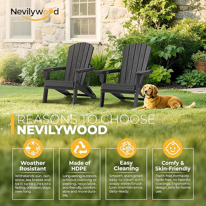 Folding Adirondack Chair, Ergonomic Extended Backrest, HDPE All-Weather, 400lbs Capacity, Maintenance-Free, Cup Holder, （Black）- Outdoor Patio & Firepit Chair
