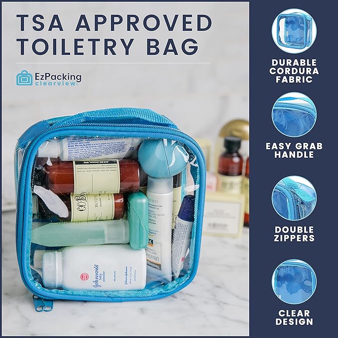EzPacking Clear TSA Approved 3-1-1 Travel Toiletry Bag for Carry On/Quart Size Transparent Liquids Pouch for Airport Security/See Through Vinyl & PVC Plastic Organizer for Men and Women (Royal Blue)