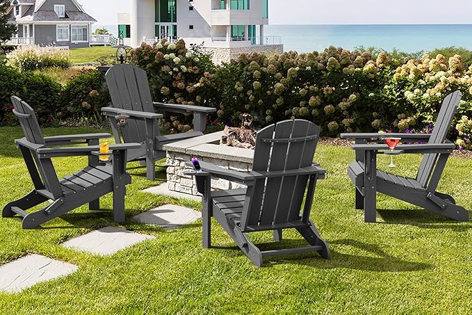 SERWALL Foldable Adirondack Chair Set of 2, HDPE Adirondack Chair with Wood-Texture-Gray