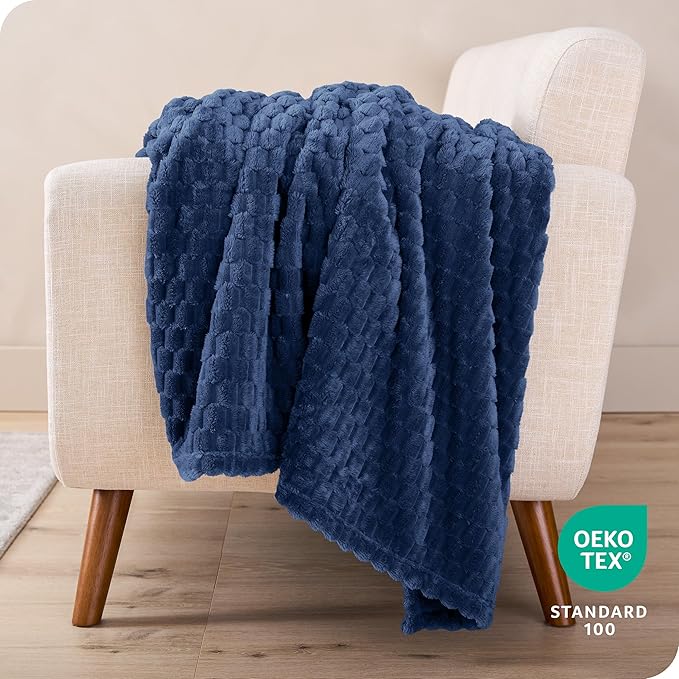 Bare Home Textured Fleece Blanket - Full/Queen - Ultra-Soft Lightweight for Bed, Sofa, and Couch - Luxury Microplush - Cozy Warm Blanket (Full/Queen, Waffle Dark Blue)