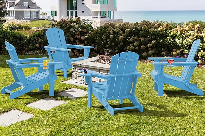SERWALL Adirondack Chair with Cup Holders - Composite Adirondack Chairs Set of 6 HDPE Outdoor Chairs All Weather Use- Light Blue