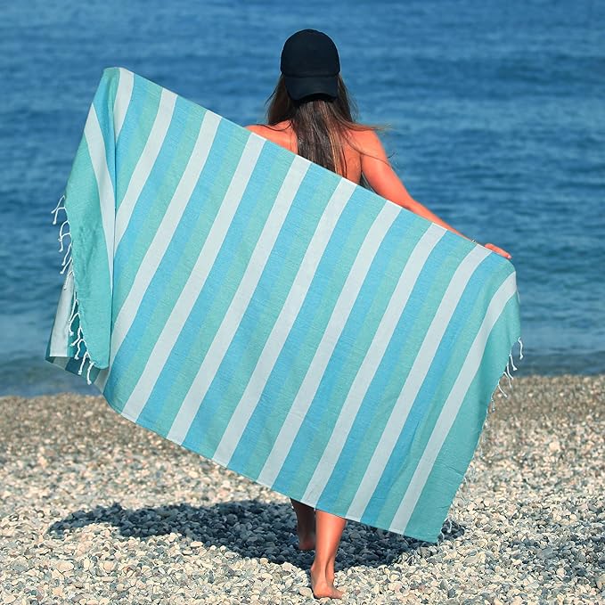 HILLFAIR Cotton Turkish Beach Towels, Quick Dry Lightweight Sand Free Peshtemal Towel for Bath Swim Yoga Spa Travel, Beach Accessories, Oversized Cotton Turkish Towels (39 x 72 inch- 4 Pack Sea)