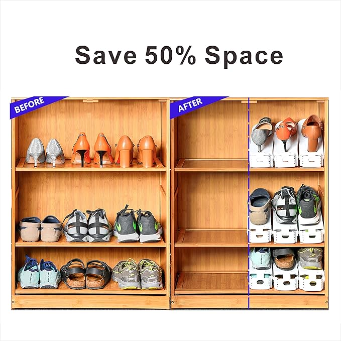 Shoe Slots Organizer, 20PCS Adjustable Double Layer Stack Shoe Rack, 50% Space-Saving Storage Rack Holder, White
