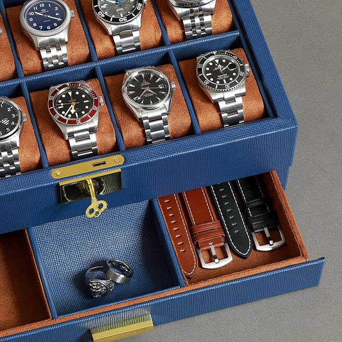 ROTHWELL 10-Slot Watch Box in Leather with Valet Drawer, Luxury Watch Case Display Organizer with Ultra Soft Microsuede Liner, Jewelry and Sunglass Holder With Large Glass top (Blue/Tan)