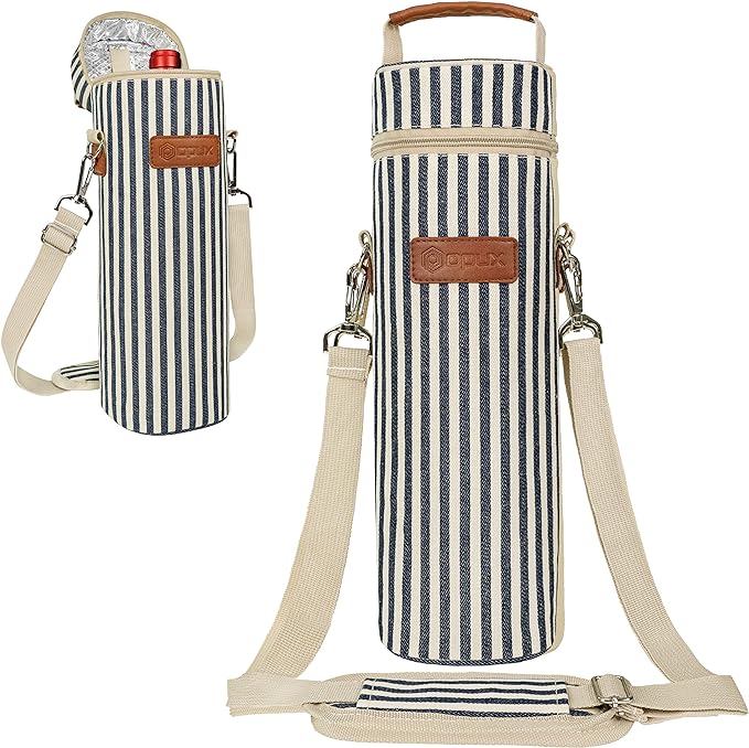 opux Wine Bag Single Bottle Carrier Tote, Insulated Wine Cooler Bag for Travel Picnic Beach with Shoulder Strap, Thermal One Bottle Holder Carrying Case Gift for Women Men, Navy White Stripes