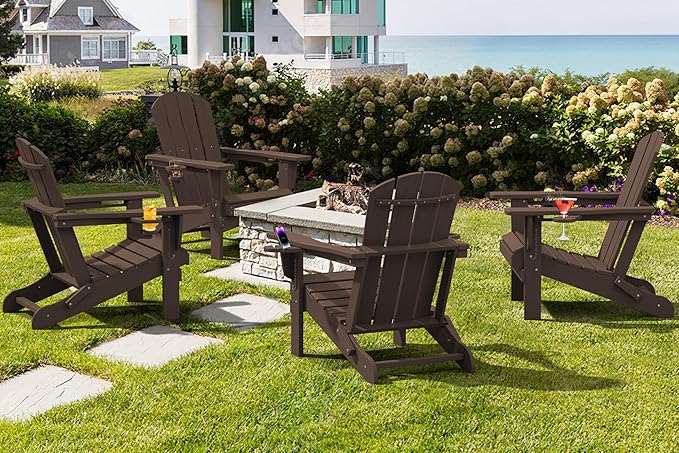 SERWALL Adirondack Chair with Cup Holders - Composite Adirondack Chairs Set of 8 HDPE Outdoor Chairs All Weather Use- Coffee