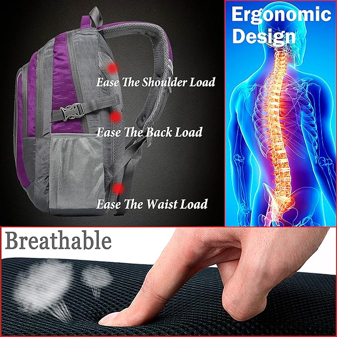 ProEtrade Backpack Bookbag for College Sturdy Travel Business Hiking Fit Laptop Up to 15.6 Inch Multi Compartment Gifts for Men Women Night Light Reflective (Purple A)