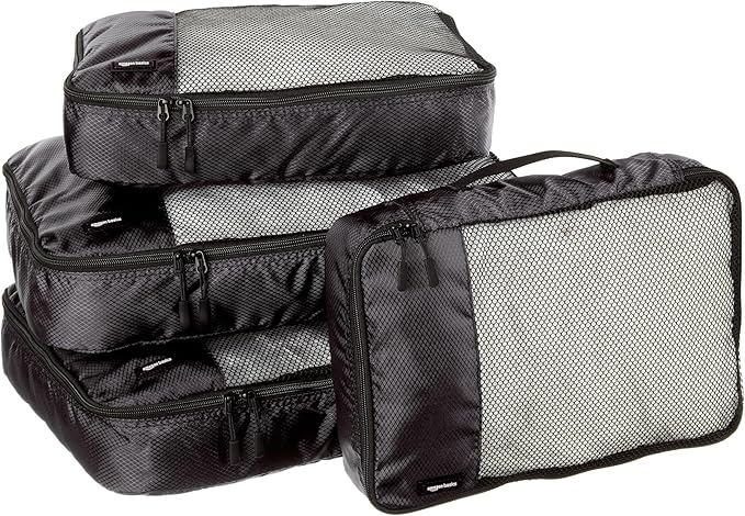 Amazon Basics 4 Piece Packing Travel Organizer Zipper Cubes Set, Medium (2) and Large (2), Black