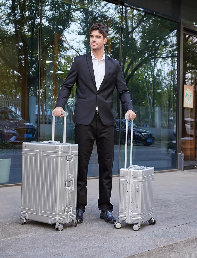 All Aluminum Magnesium Carry On Luggage，Cut from Whole Aluminum Sheet，22x14x9 Airline Approved ，（3rd Generation，Premium Magnesium Metal zipperless suitcase ） (silvery, 20+28inch)