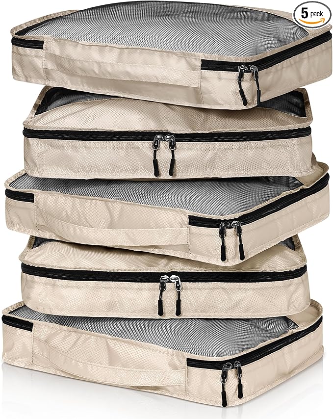 5 Pcs Packing Cubes for Suitcase Large Travel Cubes Carry on Luggage Organizer Bags for Clothes Accessories(S,Khaki)