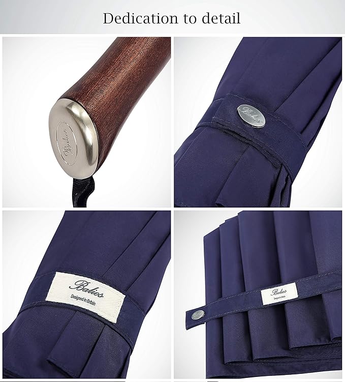 Balios (Designed in UK) Travel Umbrella Luxurious Golden Hardwood Handle Auto Open & Close Windproof Frame Single Canopy Automatic Folding Umbrella Men's & Ladies