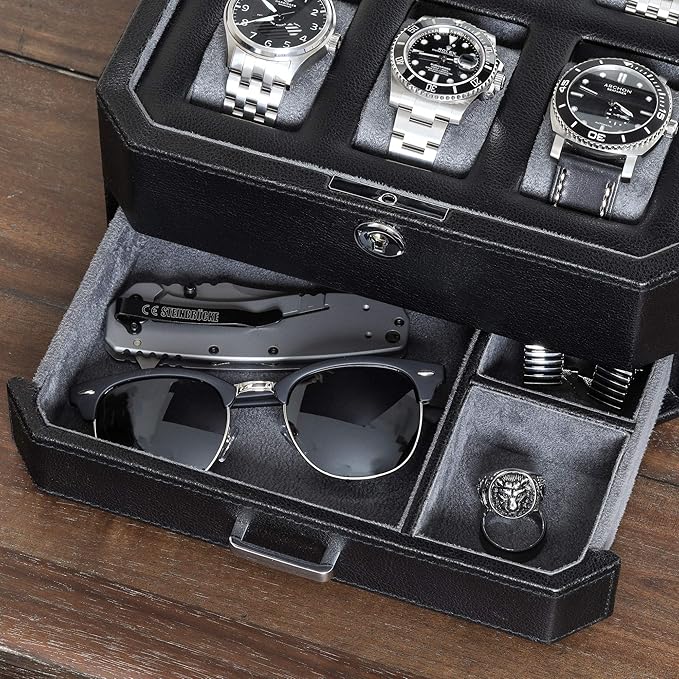 ROTHWELL 6 Slot Leather Watch Box with Valet Drawer - Luxury Watch Case Display Organizer, Microsuede Liner, Locking Mens Jewelry Watches Holder, Men's Storage Boxes With Large Glass Top (Black/Grey)