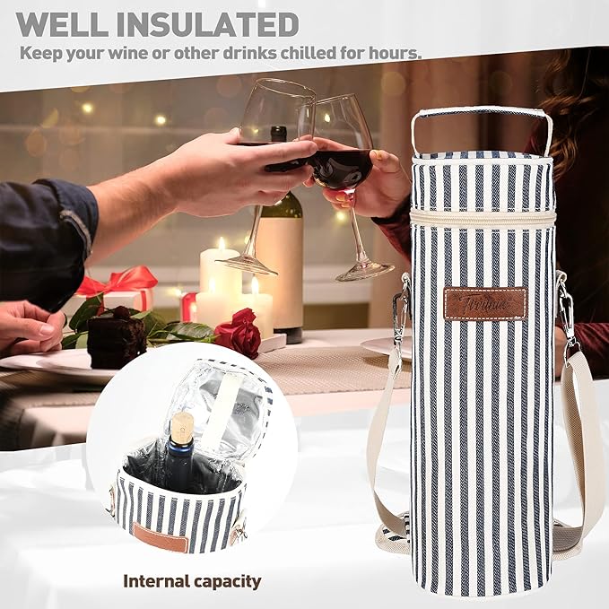 Tirrinia Single Wine Cooler Bags - Insulated & Padded Portable Wine Gift Tote Carrier for Travel, BYOB Restaurant, Wine Tasting, Party, Great Gift for Wine Lover, Blue Stripe