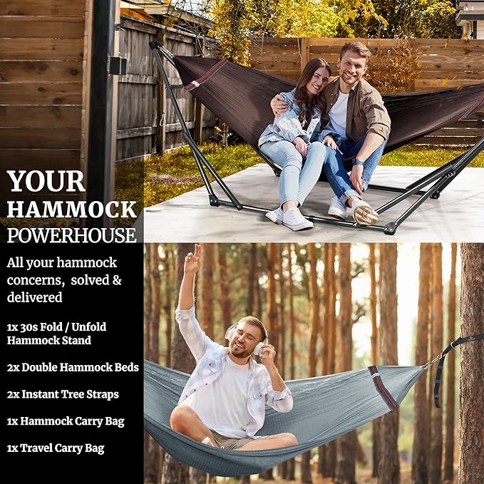 Tranquillo Universal Hammock with Stands Electro Static Coated Steel, Adjustable Foldable Hammock Stand with 2 Layered Polyester Net and Carry Bag for 2 Persons (Combo - Brown)
