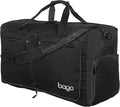 Bago Large Foldable Duffel Bags for Traveling Women & Men - 80L Packable Duffle Bag for Travel with Shoe Compartment - Water Repellant, Heavy Duty, Lightweight Folding & Collapsible (All Black)