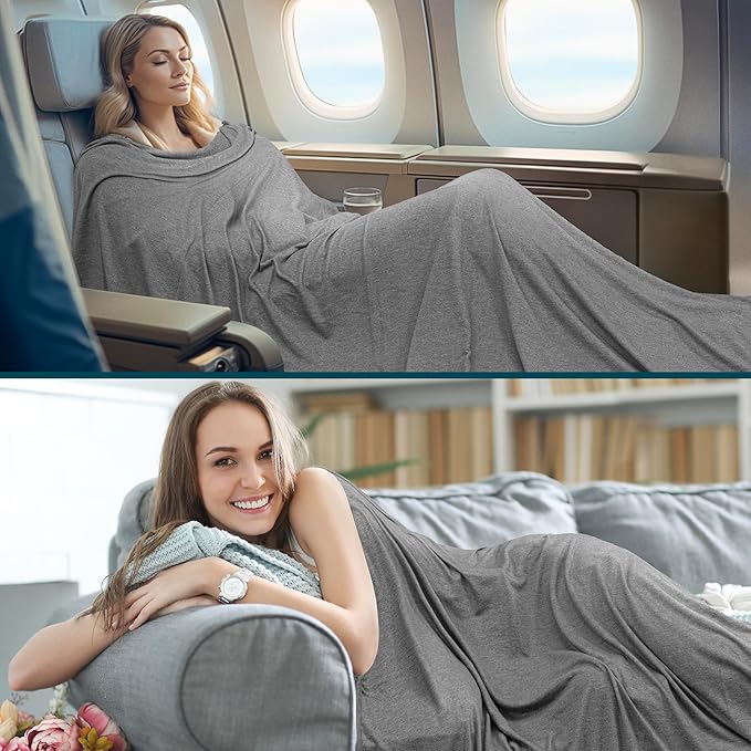 PAVILIA Travel Blanket Airplane Compact with Bag, Soft Packable Plane Blanket Kids Adults, Portable Camping Flight Essentials, Travelers Gifts Accessories, Luggage Backpack Strap, 65x40 Gray