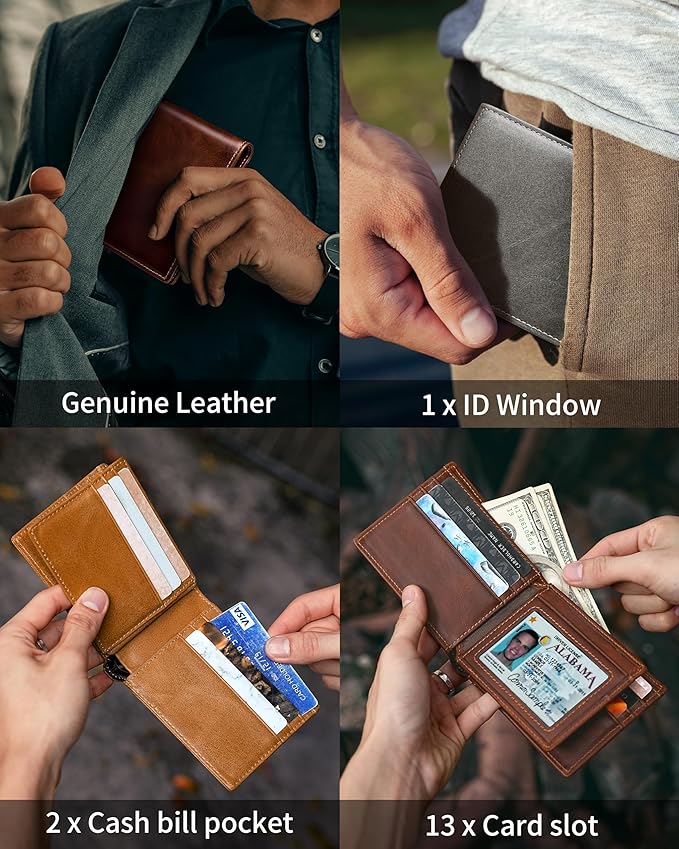 Mens Wallet Genuine Leather Bifold RFID Blocking Wallet for Men with 1 ID Window 13 Card Holders 2 cash pockets 1 Gift Box (Light Brown)