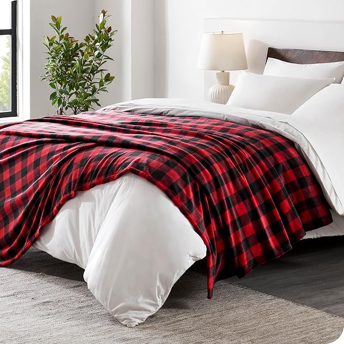 Bare Home Textured Fleece Blanket - Throw/Travel - Ultra-Soft Lightweight for Bed, Sofa, and Couch - Luxury Microplush - Cozy Warm Blanket (Throw/Travel, Buffalo Plaid - Red/Black)