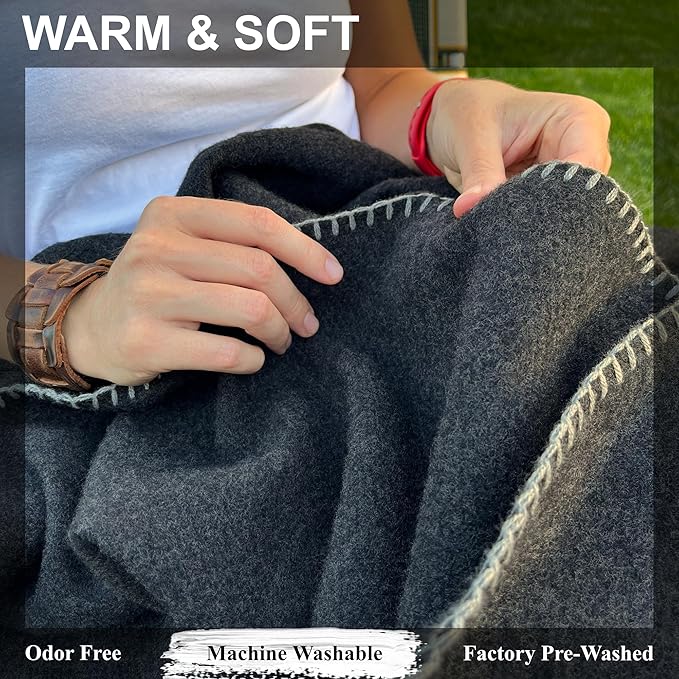 EKTOS 100% Virgin Wool Blanket, 90" x 66", Perfect for Camping, Survival and Bushcraft (Charcoal, Twin Size)
