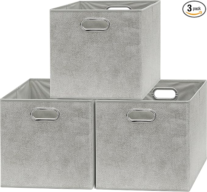 SIMPLE HOUSEWARE 13-Inch Collapsible Fabric Cube Storage Bin with Handles, Printed Design, 3 Pack, Gray