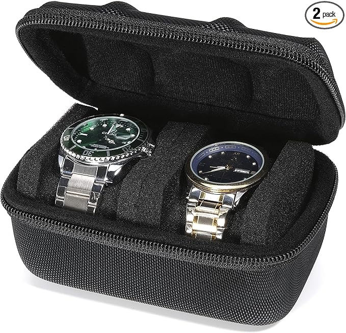 Hard Compact Watch Roll travel case, 2 Slots Portable holder and Organizer with Soft Pillow, keep watch from moving(fit up to 55 mm)