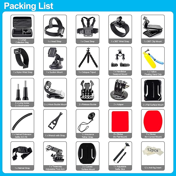61 in 1 Action Camera Accessories Kit for GoPro Hero 13 12 11 10 9 8 7 6, Gopro Max, GoPro Fusion, Xiaomi, Insta360, DJI Osmo Action, AKASO APEMAN, Campark, SJCAM