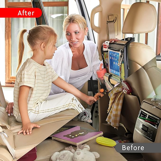Helteko Backseat Car Organizer, Kick Mats Back Seat Protector with Touch Screen Tablet Holder, Organizer for Kids, Travel Accessories, Mat 9 Storage Pockets 2 Pack