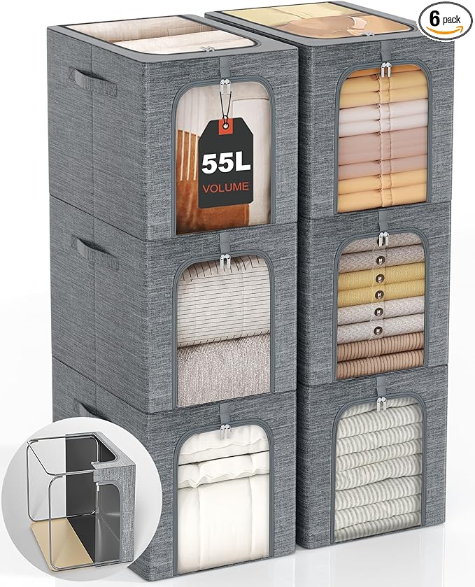 GoMaihe Clothes Storage Bins Metal Frame: 55L Extra Large Stackable Closet Storage Bin with Lid & Clear Window, Heavy Duty Blanket Box for Winter Coats Comforters (Fits Deep Closet 6-Pack)