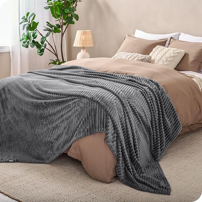 Bare Home Textured Fleece Blanket - Throw/Travel - Ultra-Soft Lightweight for Bed, Sofa, and Couch - Luxury Microplush - Cozy Warm Blanket (Throw, Ribbed Grey)