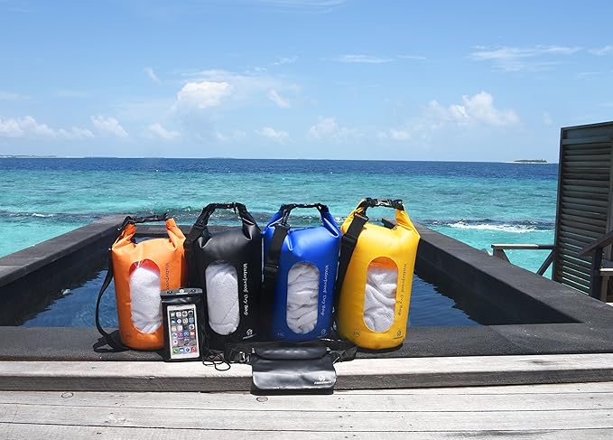 Freegrace Waterproof Dry Bags Set of 3 Dry Bag with 2 Zip Lock Seals & Detachable Shoulder Strap, Waist Pouch & Phone Case - Can Be Submerged Into Water - for Swimming (Navy Blue(Window), 20L)