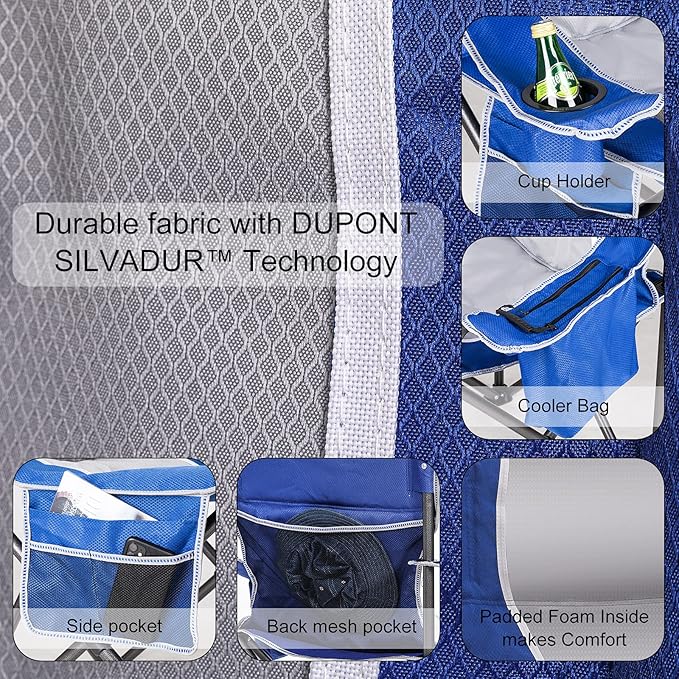 Padded Camping Chairs for Adults, Oversized Folding Outdoor Chairs, Weight Capacity 475lbs, with Cooler Bag, Cup Holder, Storage Pocket Carry Bag - Blue Color