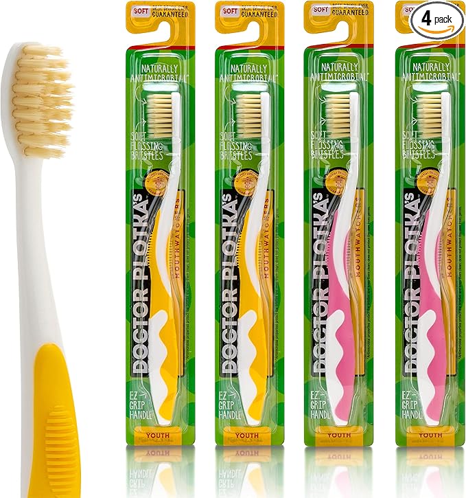 MOUTHWATCHERS Soft Childrens Flossing Manual Toothbrush, Value Pack of 4, Yellow and Pink, Toothbrushes for Kids & Teens, Ultra Clean, by Dr. Plotka's