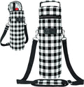 opux Wine Bag Single Bottle Carrier Tote, Insulated Wine Cooler Bag for Travel Picnic Beach with Shoulder Strap, Thermal One Bottle Holder Carrying Case Wine Gift for Women Men, Plaid Buffalo White