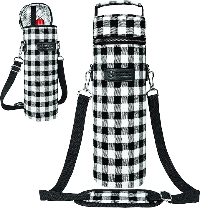 opux Wine Bag Single Bottle Carrier Tote, Insulated Wine Cooler Bag for Travel Picnic Beach with Shoulder Strap, Thermal One Bottle Holder Carrying Case Wine Gift for Women Men, Plaid Buffalo White