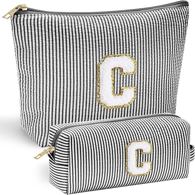 YOOLIFE Initial Personalized Preppy Makeup Bag - Monogrammed Birthday Gift for Women & Girls - Mother's Day Gift - Black