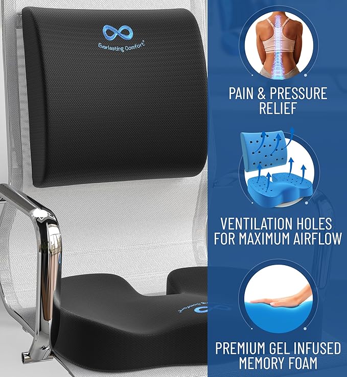 Everlasting Comfort Doctor Recommended Memory Foam Seat Cushion for Office Chairs & Car Seat - Ergonomic Office Desk Accessories for Tailbone Pain Relief, Sciatica & Back Support