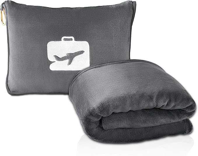 EverSnug Travel Blanket and Pillow - Ultra-Soft, Compact & Lightweight, 65x40 Inches, with Carry Case, Luggage Sleeve & Backpack Clip for Airplane Comfort (Grey)