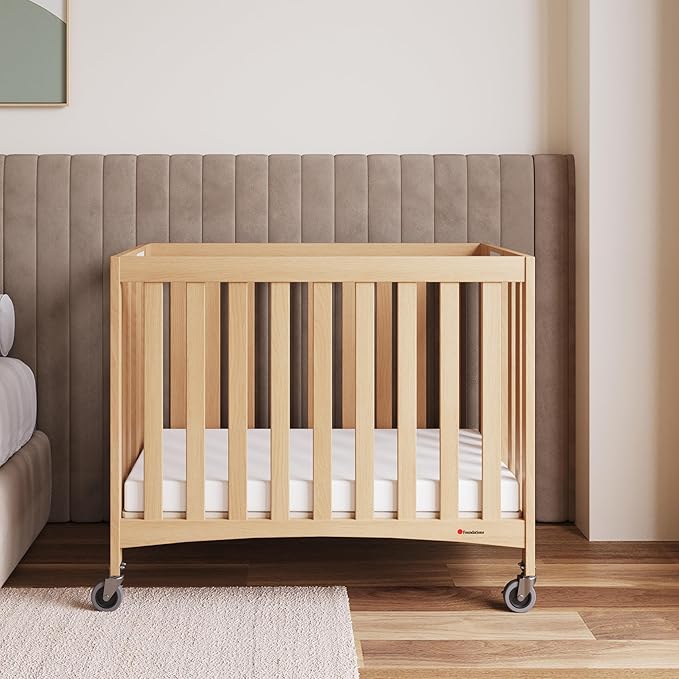 Foundations Compact Travel Sleeper Folding Hotel Crib and Sheet Bundle - Includes Natural Wooden Mini Crib with 2" Foam Mattress and 6-Pack White Fitted Compact Sheets