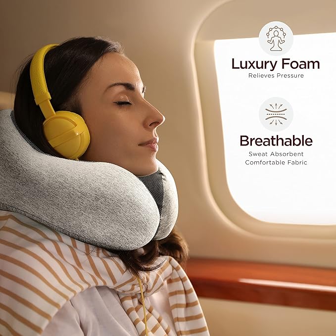 Airplane Neck Pillow Includes Travel Pillow + Airplane Phone Holder Mount + Eye Masks + Foot Hammock + Earplugs for Travel, 100% Pure Memory Foam Travel Pillow, 6 Pc Travel Kit