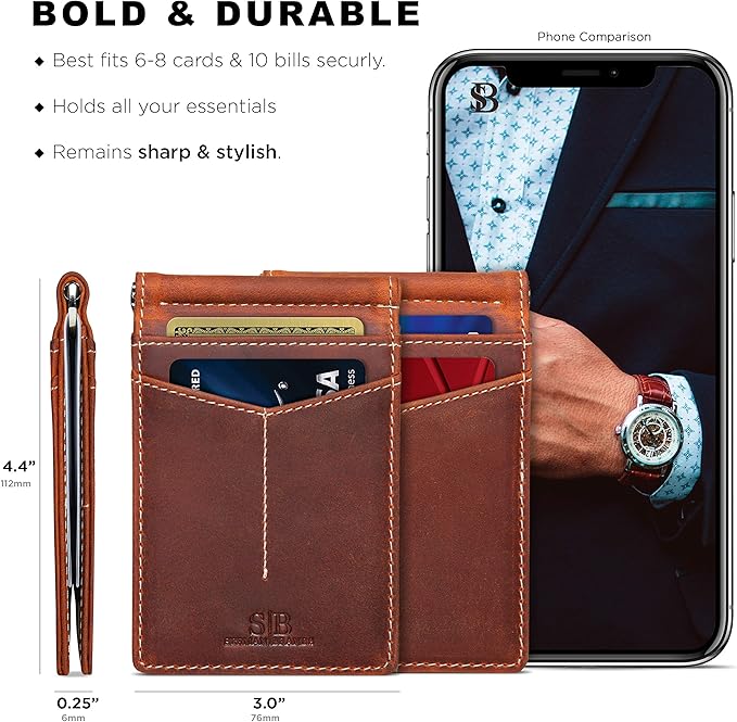 SERMAN BRANDS RFID Blocking Wallet Slim Bifold - Genuine Leather Minimalist Front Pocket Wallets for Men with Money Clip Gift