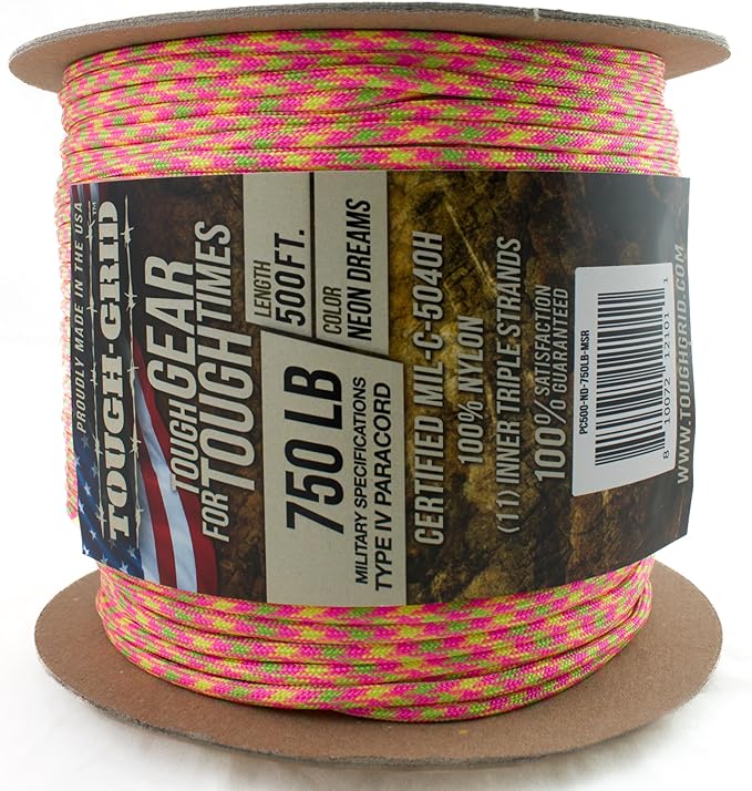 TOUGH-GRID 750 Paracord Rope Nylon Parachute Cord, Made in USA Survival Kit, Outdoor Adventures, Camping, Tactical Gear & Emergency Supplies, Military Type IV Mil-Spec