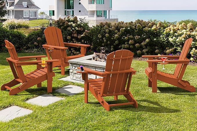 SERWALL Adirondack Chair with Cup Holders - Composite Adirondack Chairs Set of 8 HDPE Outdoor Chairs All Weather Use- Orange