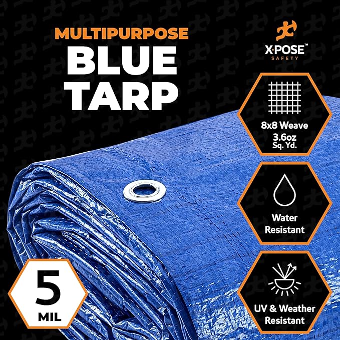 Better Blue Poly Tarp 40' x 40' - Multipurpose Protective Cover - Lightweight, Durable, Waterproof, Weather Proof - 5 Mil Thick Polyethylene - by Xpose Safety