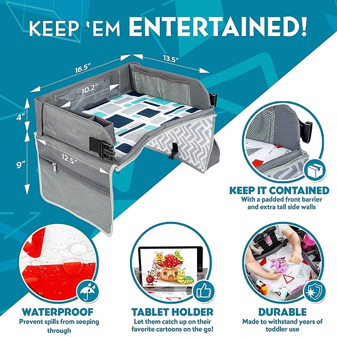 Kenley Kids Travel Tray, Toddler Car Seat Lap Tray, Road Trip Essentials Activity Table (Blue/Gray)