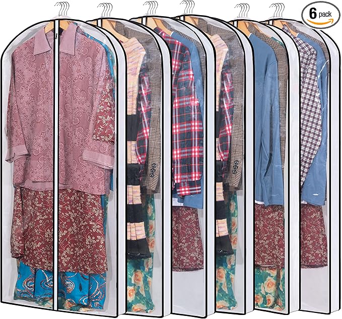 Hanging Clothes Storage with 4" Gusseted Garment Covers (Set of 6) - Clear Suit, Gown, Long Coat, Dress Protectors for Closet - 24"x 50"x 4" / 6 Pack