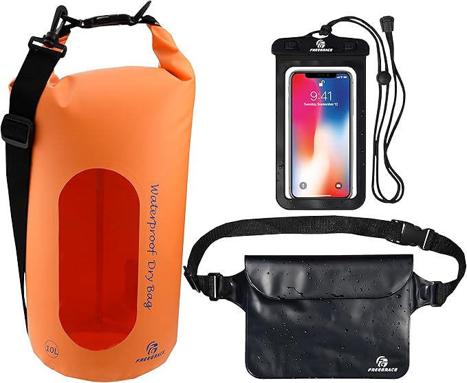 Freegrace Waterproof Dry Bags Set of 3 Dry Bag with 2 Zip Lock Seals & Detachable Shoulder Strap, Waist Pouch & Phone Case - Can Be Submerged Into Water - for Swimming (Orange(Window), 5L)