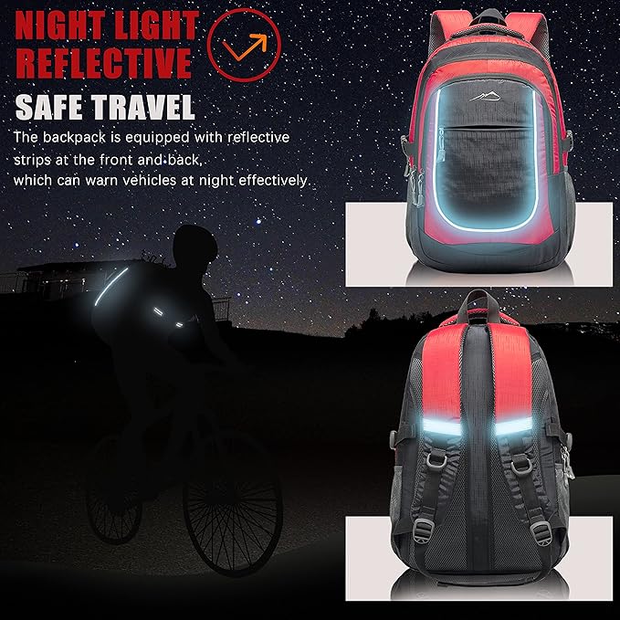 ProEtrade Backpack Bookbag for College Sturdy Travel Business Hiking Fit Laptop Up to 15.6 Inch Multi Compartment Gifts for Men Women Night Light Reflective (red)