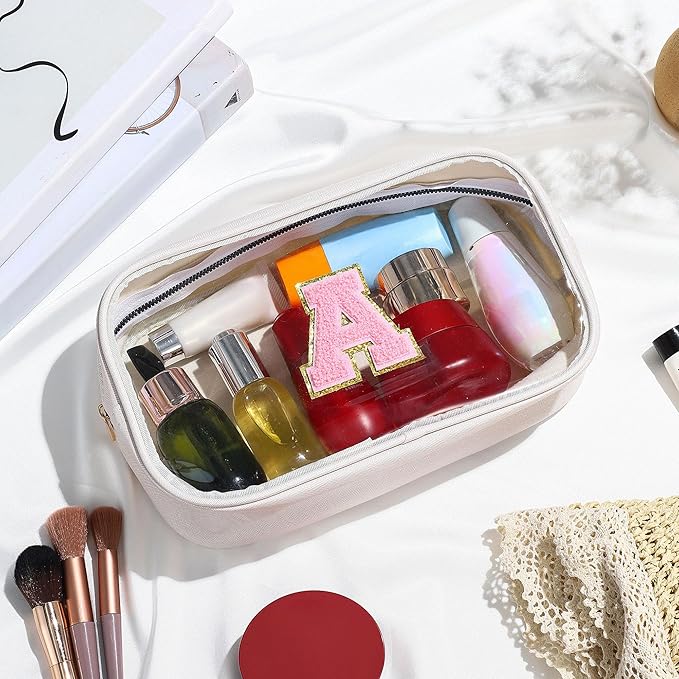 YOOLIFE Initial Make Up Bag Travel Toiletry Bag, Clear Makeup Bag Preppy Stuff Travel Essentials Pink Gifts for Women Teen Girlfriend Teacher Mom Birthday Birthday Gifts for Her Wife White A