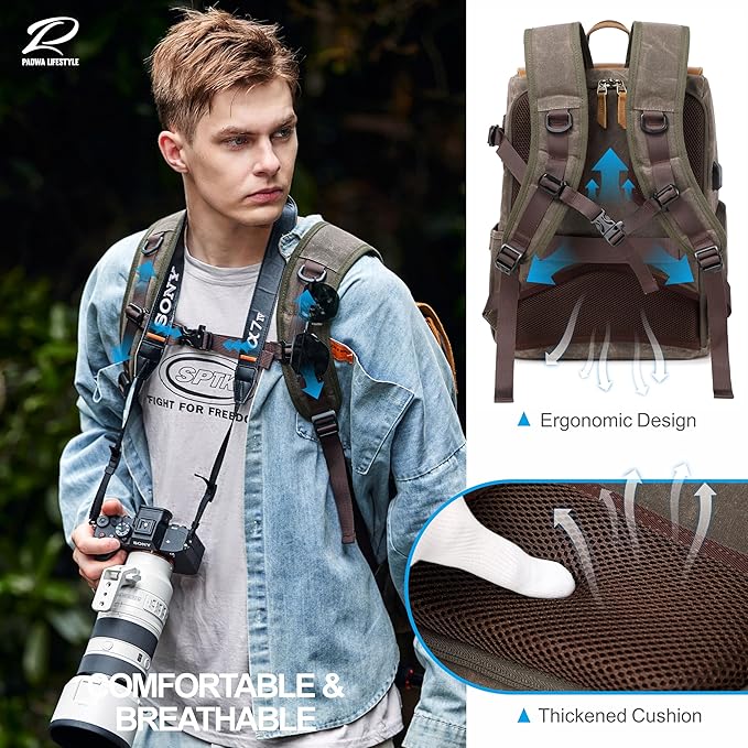 Padwa Lifestyle Coffee Camera Backpack - Waxed Memory Weather Resistant Canvas Camera Backpacks for Photographers,Multi DSLR SLR Camera Bag with 16” Laptop & Lens Compartment and Tripod Holder